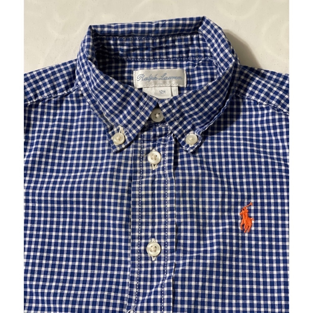 Infant Boys Ralph Lauren Blue & White Checked Button Up Shirt Size 12 Months